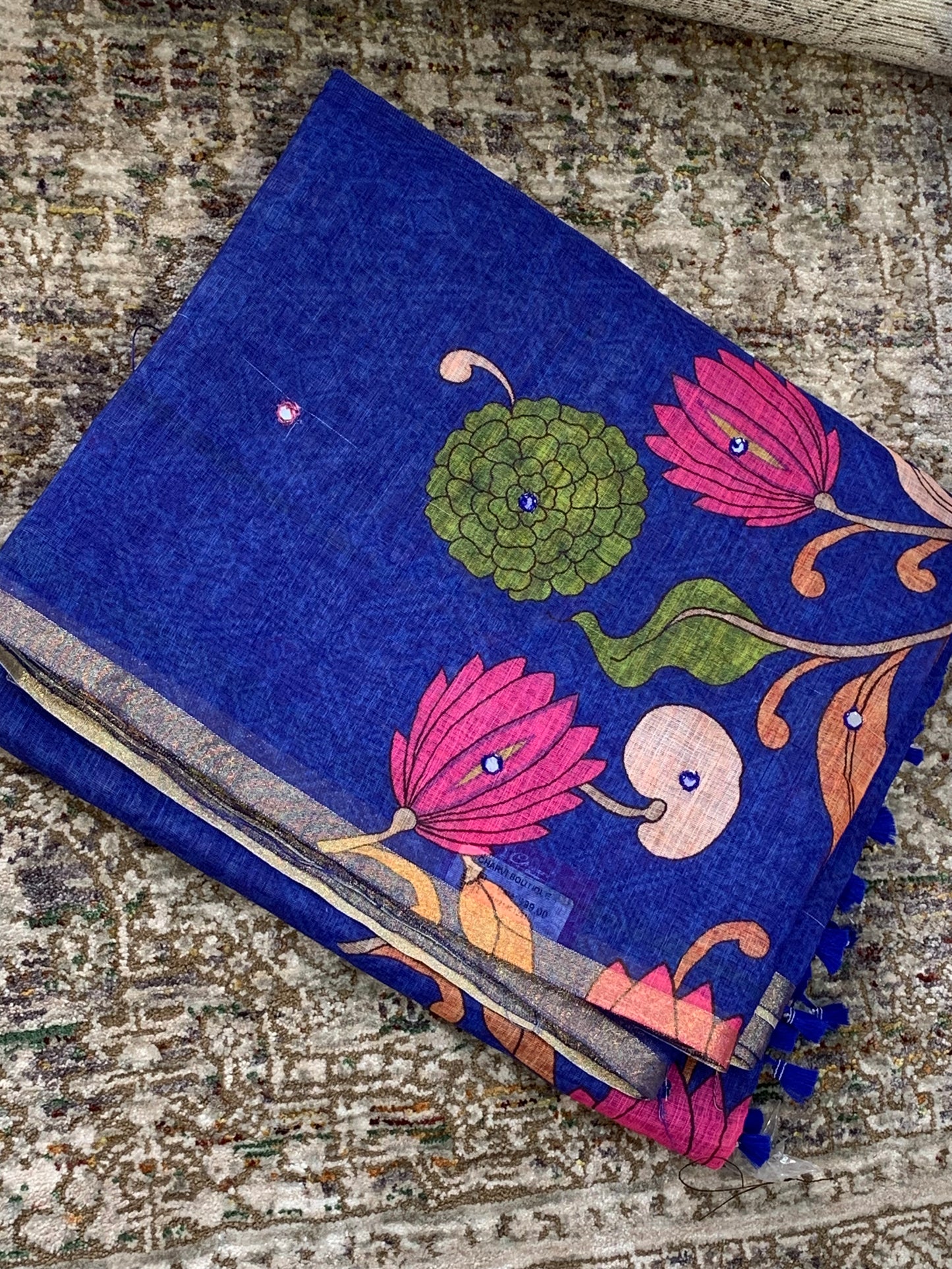 Linen Saree - Mirror Work Floral Pattern Blue