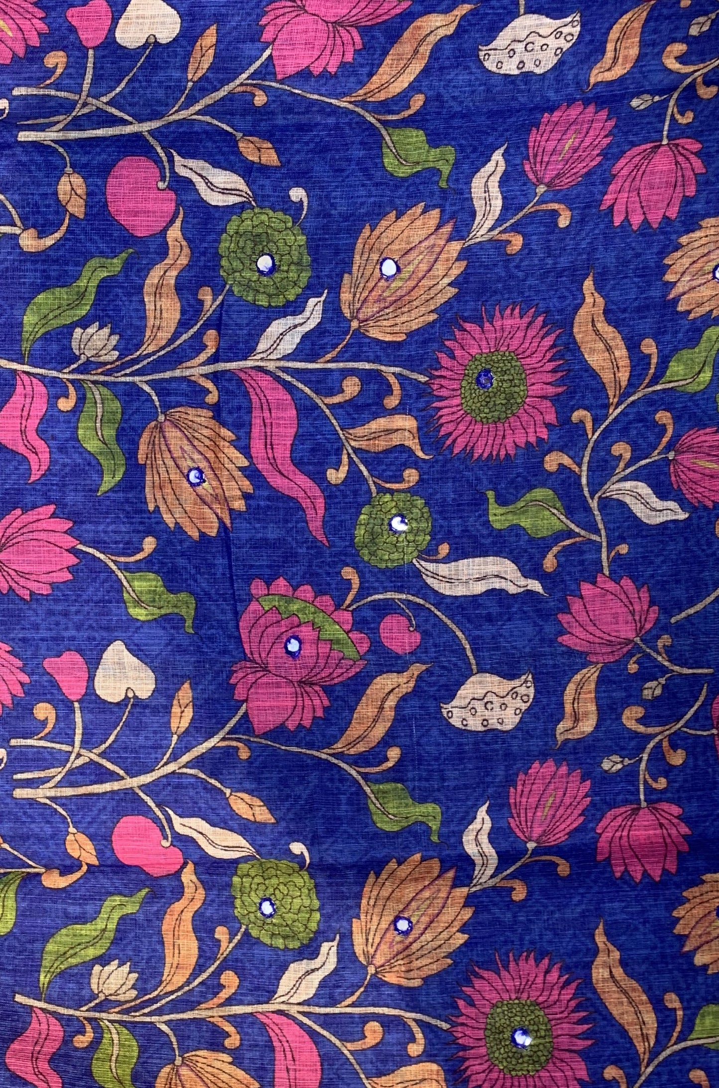 Linen Saree - Mirror Work Floral Pattern Blue