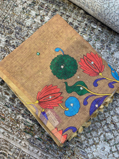 Linen Saree - Mirror Work Floral Pattern Brown