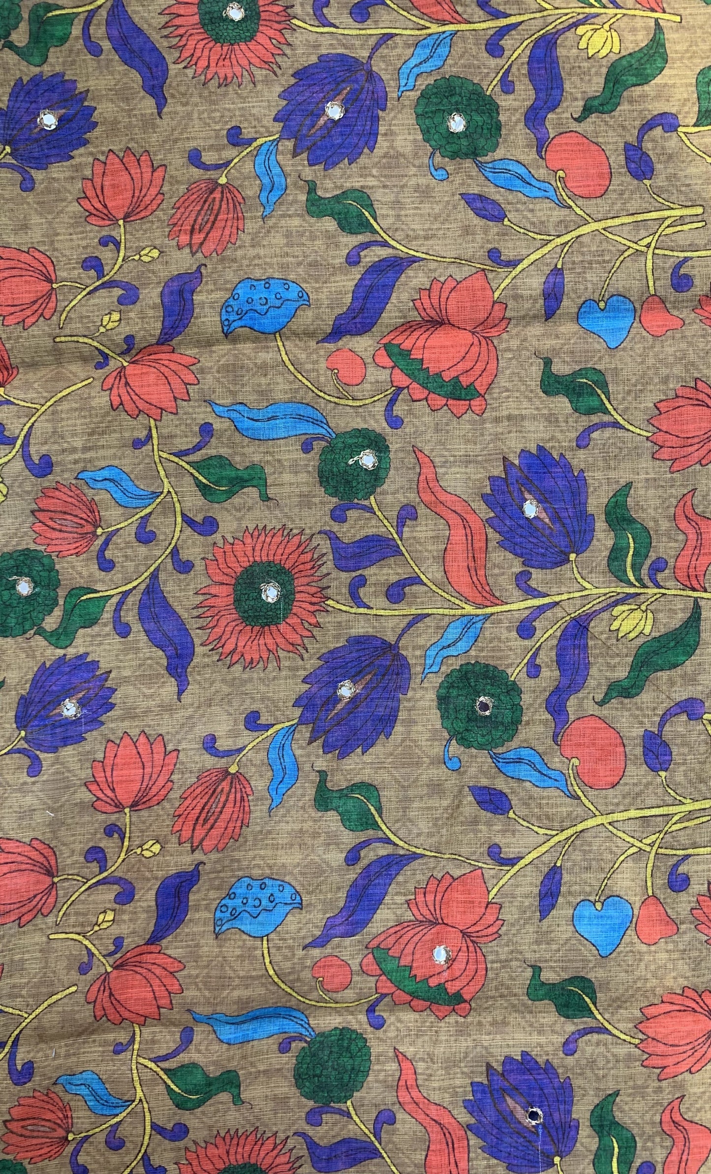 Linen Saree - Mirror Work Floral Pattern Brown