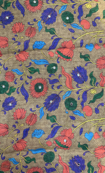 Linen Saree - Mirror Work Floral Pattern Brown