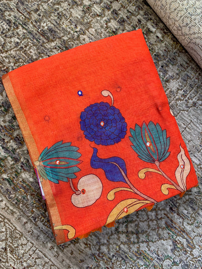 Linen Saree - Mirror Work Floral Pattern Orange