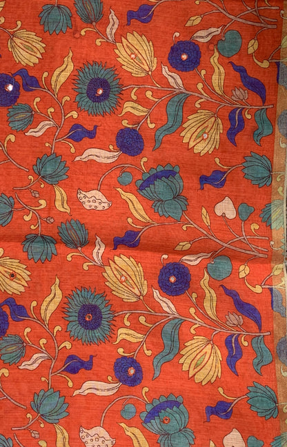 Linen Saree - Mirror Work Floral Pattern Orange