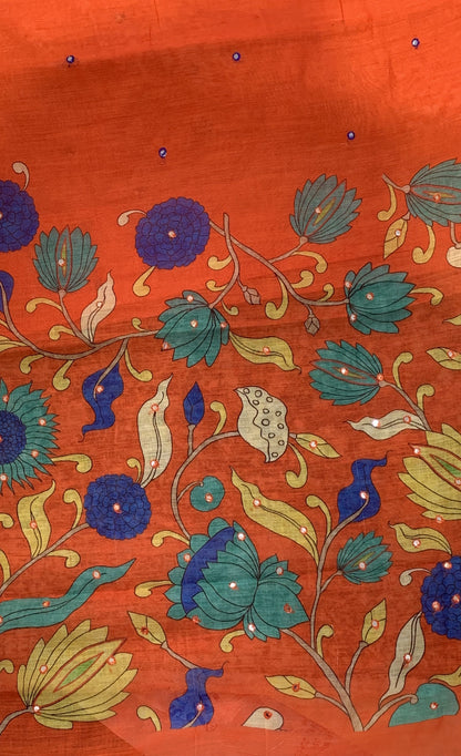 Linen Saree - Mirror Work Floral Pattern Orange