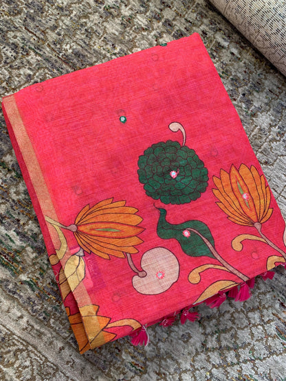 Linen Saree - Mirror Work Floral Pattern Pink