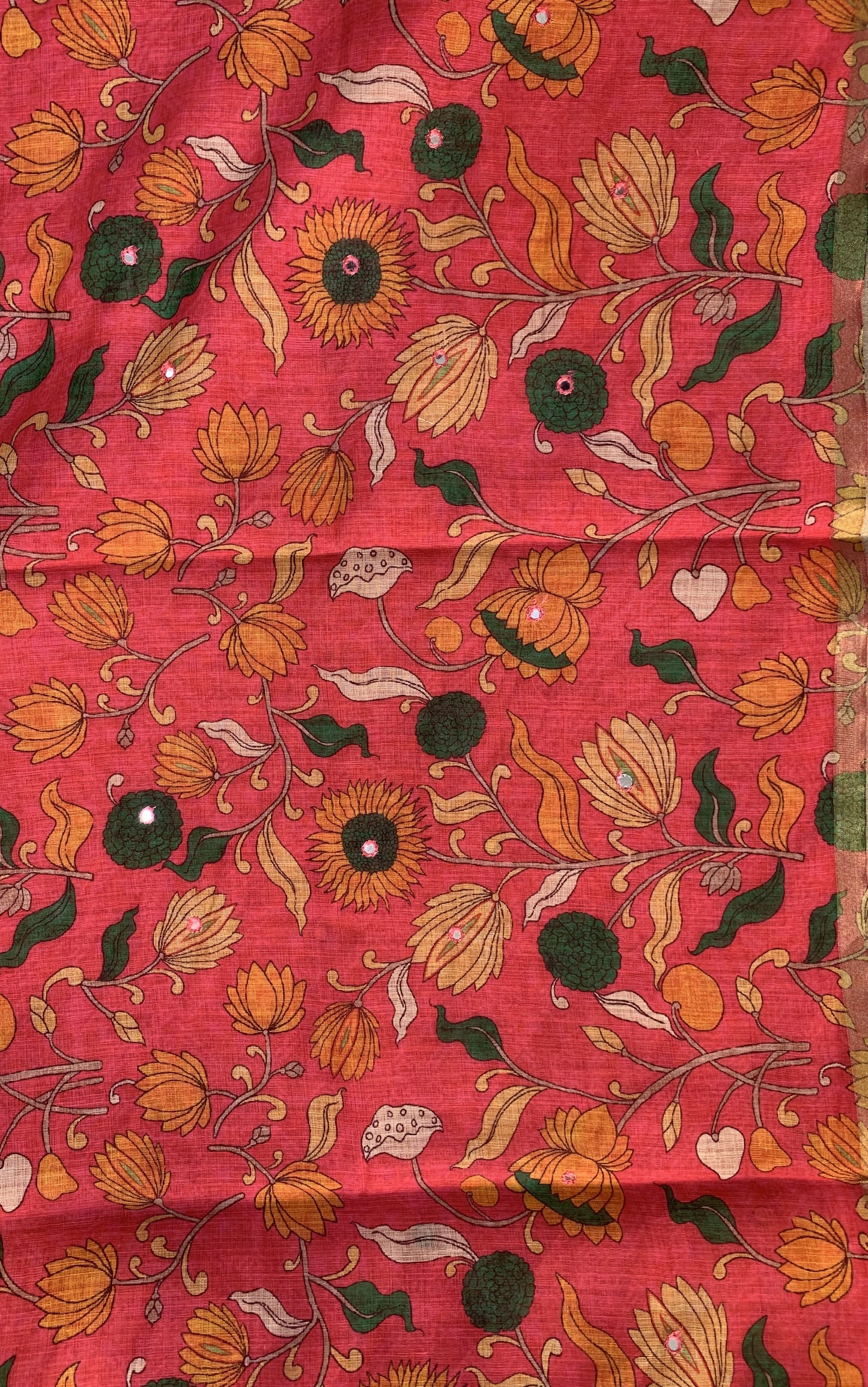 Linen Saree - Mirror Work Floral Pattern Pink