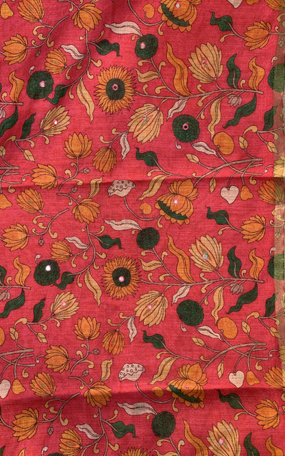 Linen Saree - Mirror Work Floral Pattern Pink