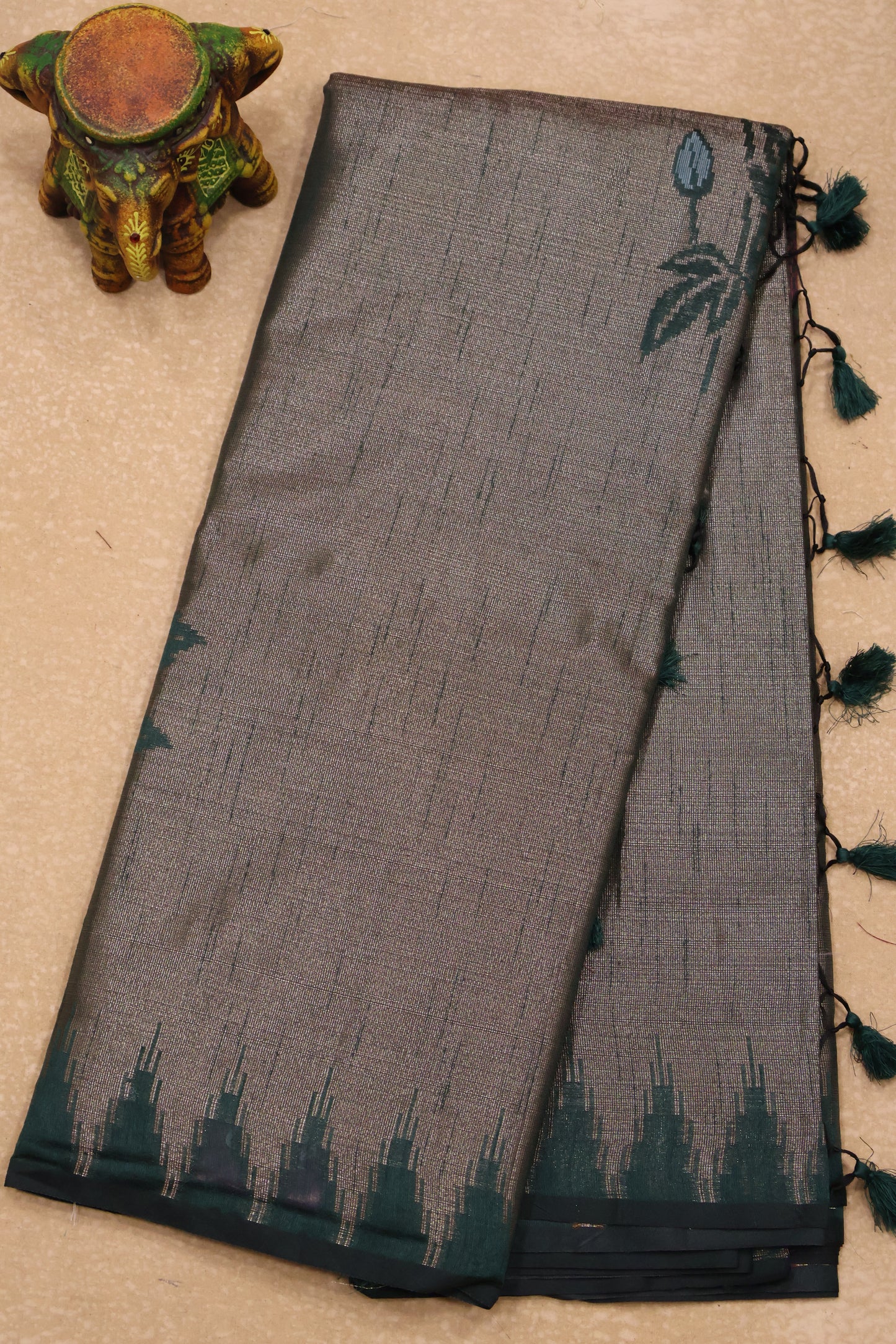 Tissue Silk Saree-Bottle Green Large Tower Border