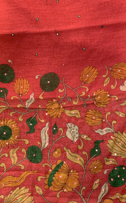 Linen Saree - Mirror Work Floral Pattern Pink