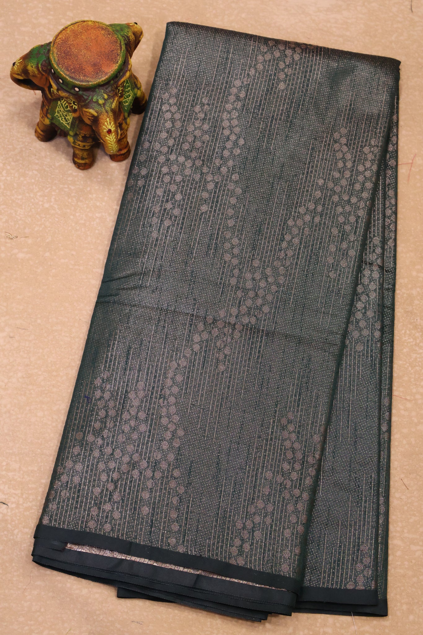 Tissue Silk Saree-Bottle Green Line & Dots Design