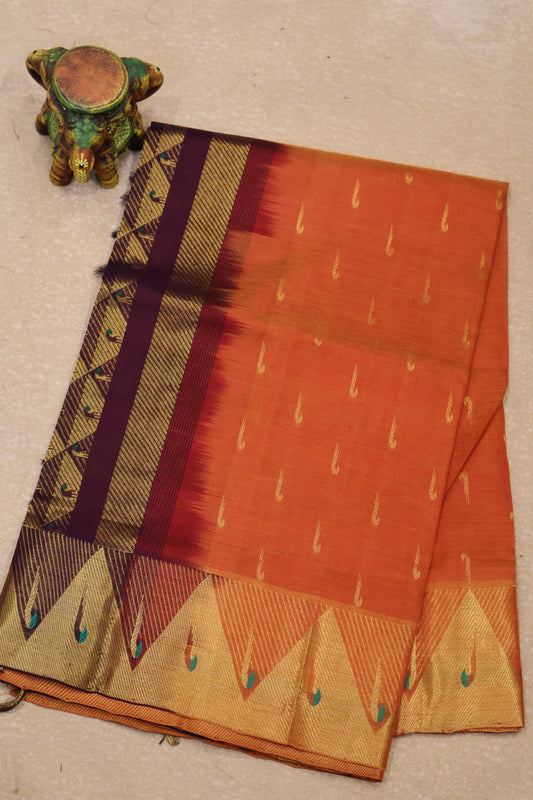 Pure Silk Cotton Saree-Orange Paithani