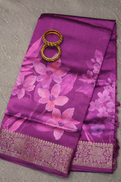 Pure Banarasi Chiniya Silk Saree-Purple Muted Blossom