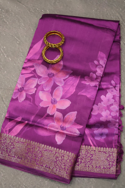 Pure Banarasi Chiniya Silk Saree-Purple Muted Blossom