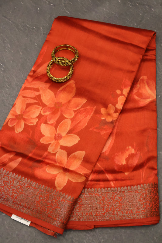 Pure Banarasi Chiniya Silk Saree-Red Muted Blossom