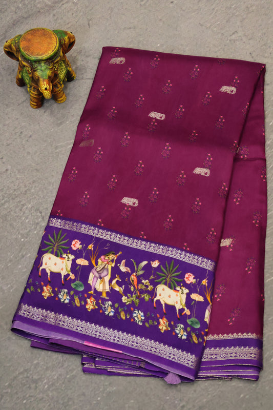 Pure Dola Silk Saree-Wine-Purple Elephant
