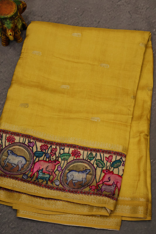 Pure Dola Silk Saree-Mustard Pichwai Print