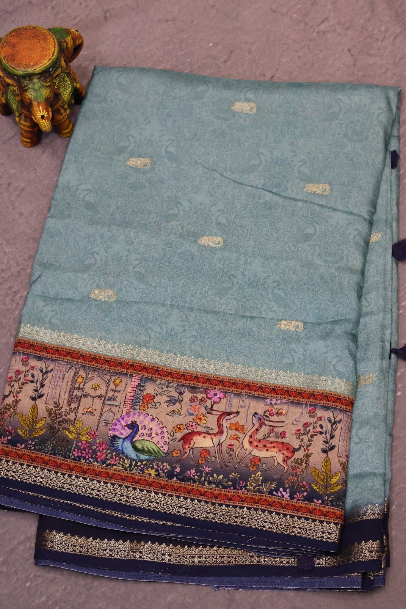 Pure Dola Silk Saree-Sea Green Twin Deer Print