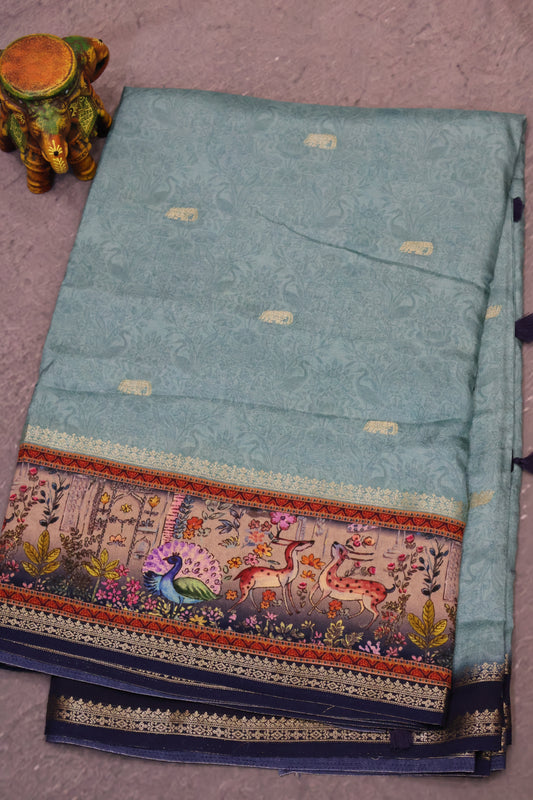 Pure Dola Silk Saree-Sea Green Twin Deer Print