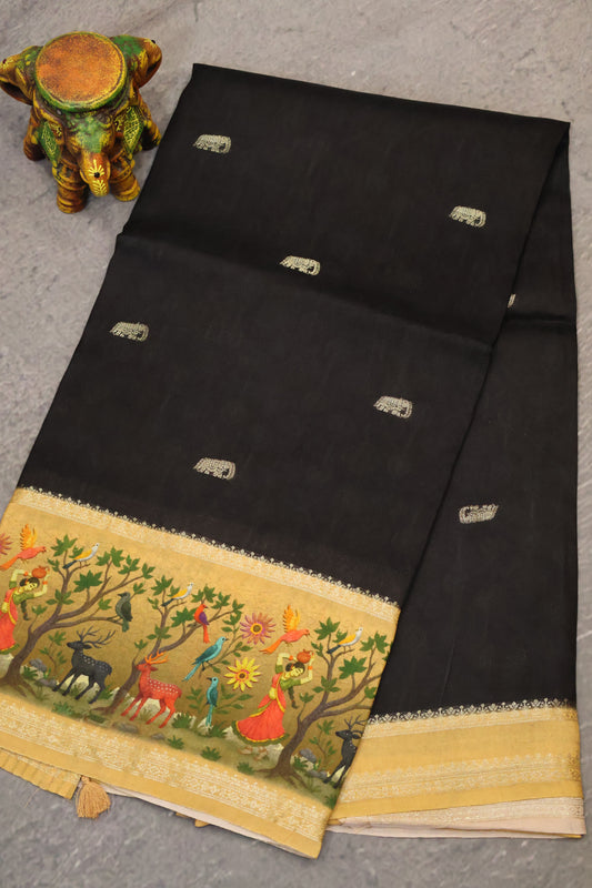 Pure Dola Silk Saree-Black Elephant