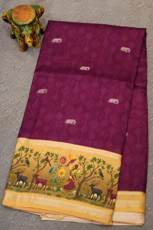 Pure Dola Silk Saree-Wine-Baby-Orange Elephant