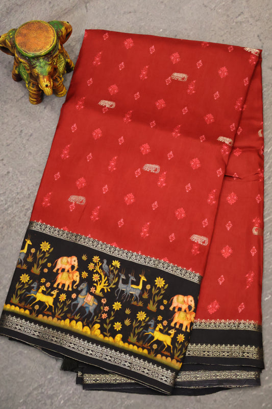 Pure Dola Silk Saree-Maroon-Black Elephant
