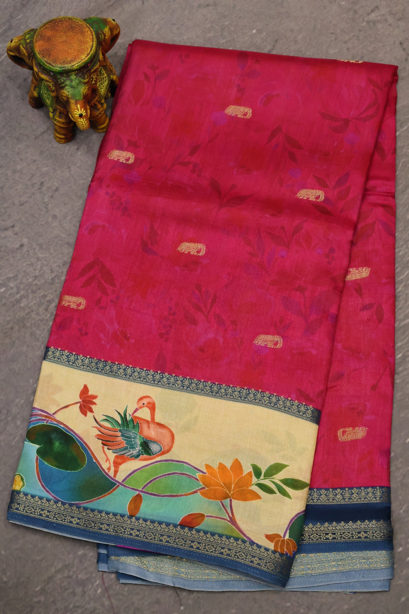 Pure Dola Silk Saree-Rani Pink-Beige Elephant