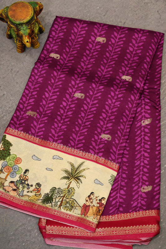 Pure Dola Silk Saree-Lite Wine Elephant