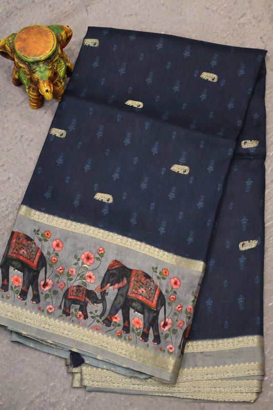 Pure Dola Silk Saree-Peacock Blue Elephant