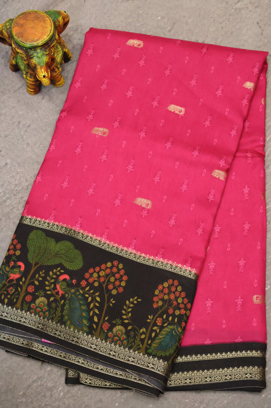 Pure Dola Silk Saree-Rani Pink-Black Elephant