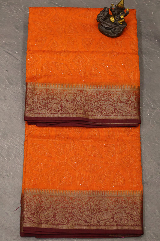 Bamboo Silk Saree-Bright Orange Sequence Work
