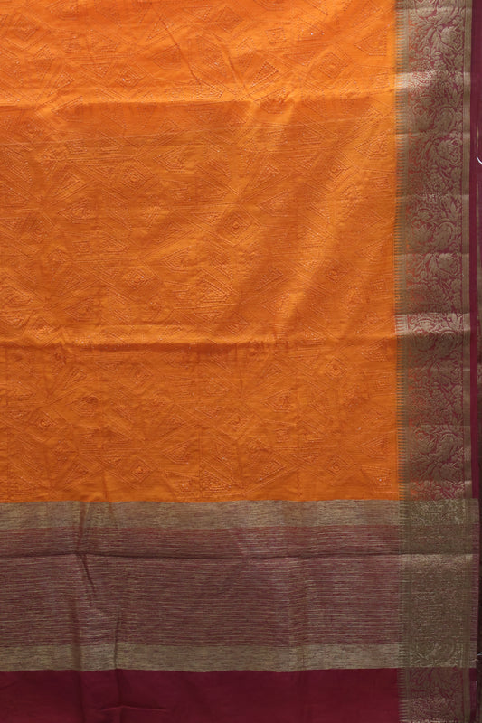 Bamboo Silk Saree-Bright Orange Sequence Work
