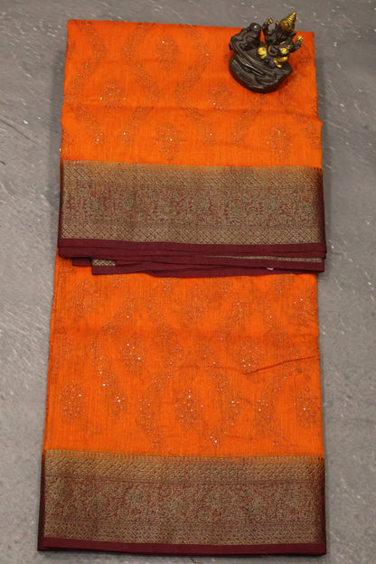 Bamboo Silk Saree-Bright Orange Sequence Work
