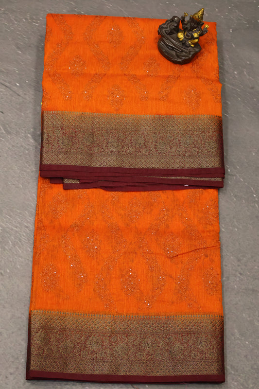 Bamboo Silk Saree-Bright Orange Sequence Work