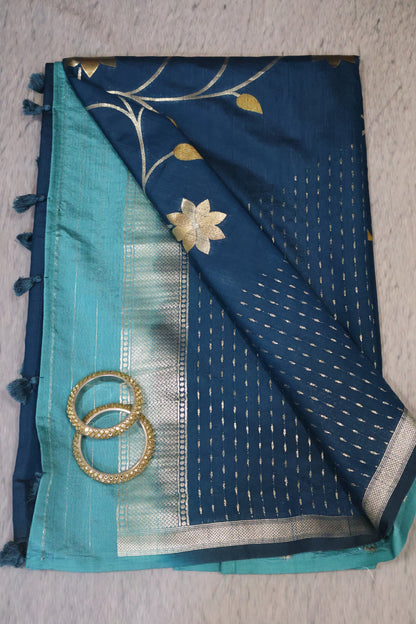 Semi Tussar Saree - Peacock Blue