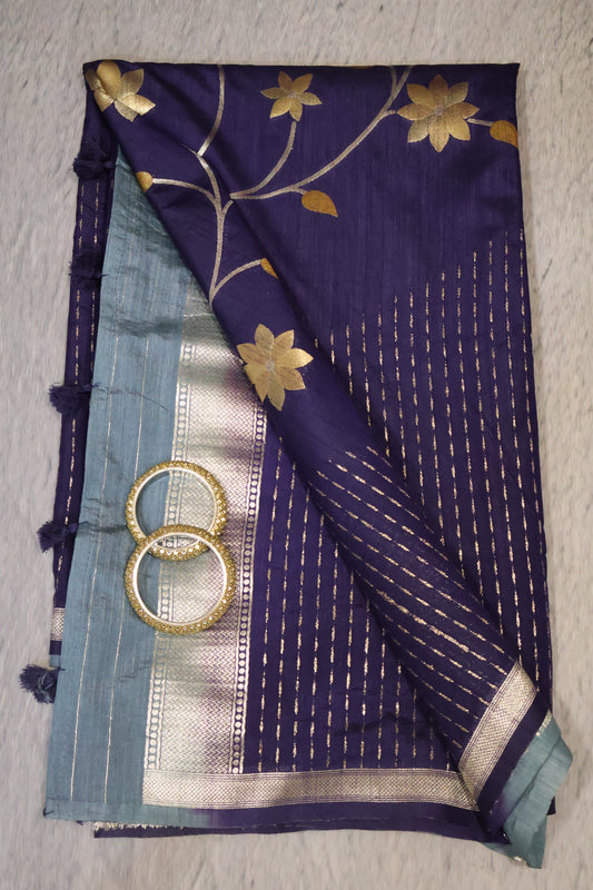 Semi Tussar Saree - Dark Blue