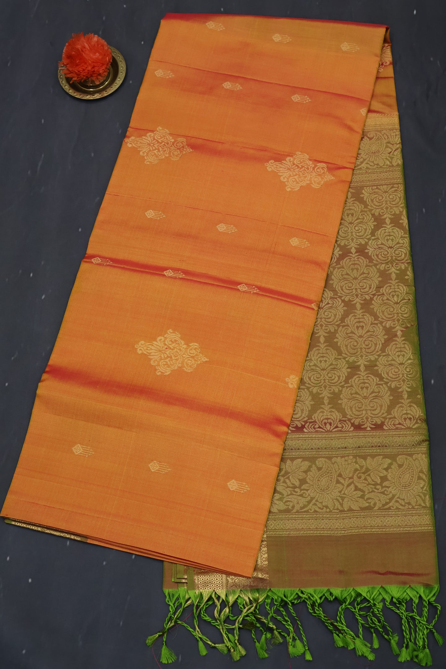 Pure Soft Silk Saree -Orange-Olive Jacqua