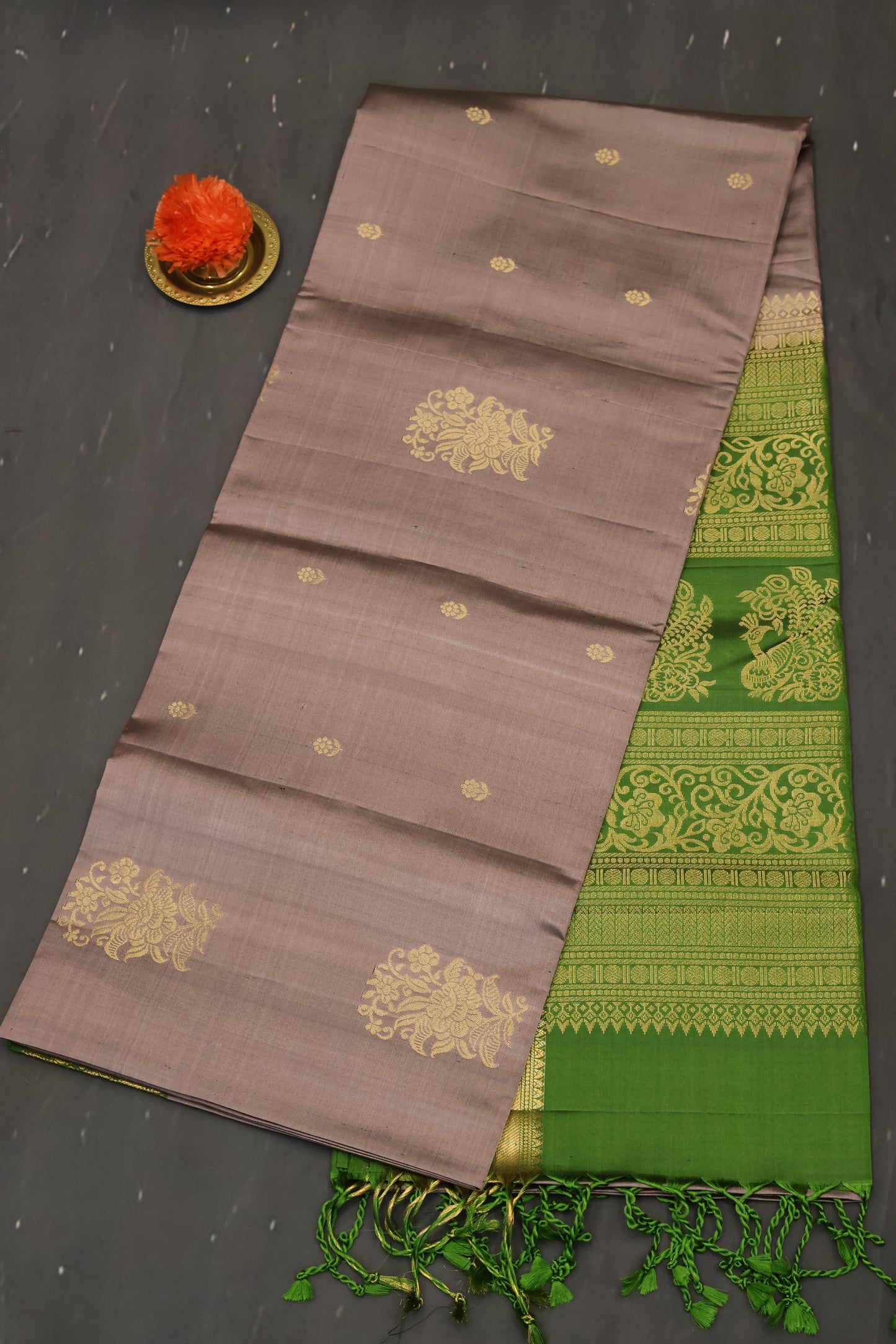 Pure Soft Silk Saree -Grey-Green Jacqua