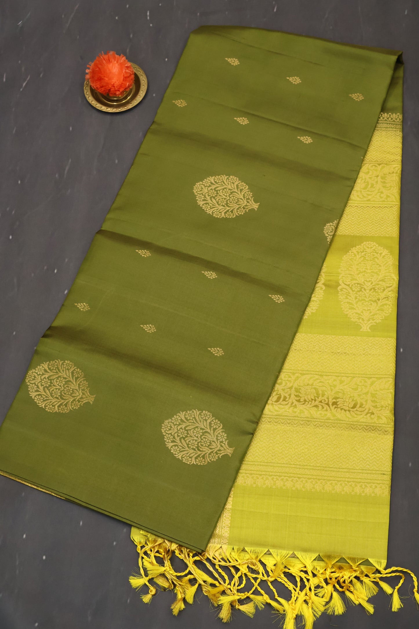 Pure Soft Silk Saree -Sage Green-Yellow Jacqua