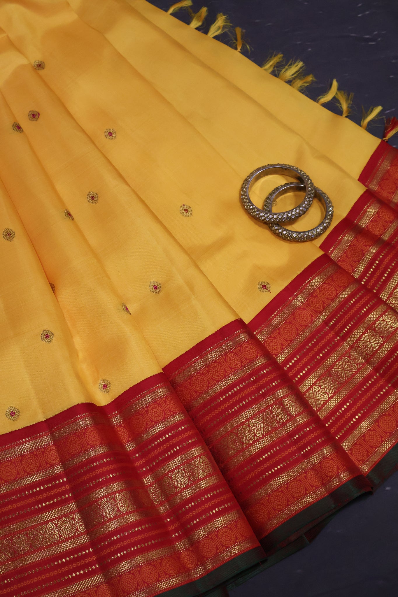 Pure Kanchipuram Silk Saree - Mango Yellow-Red