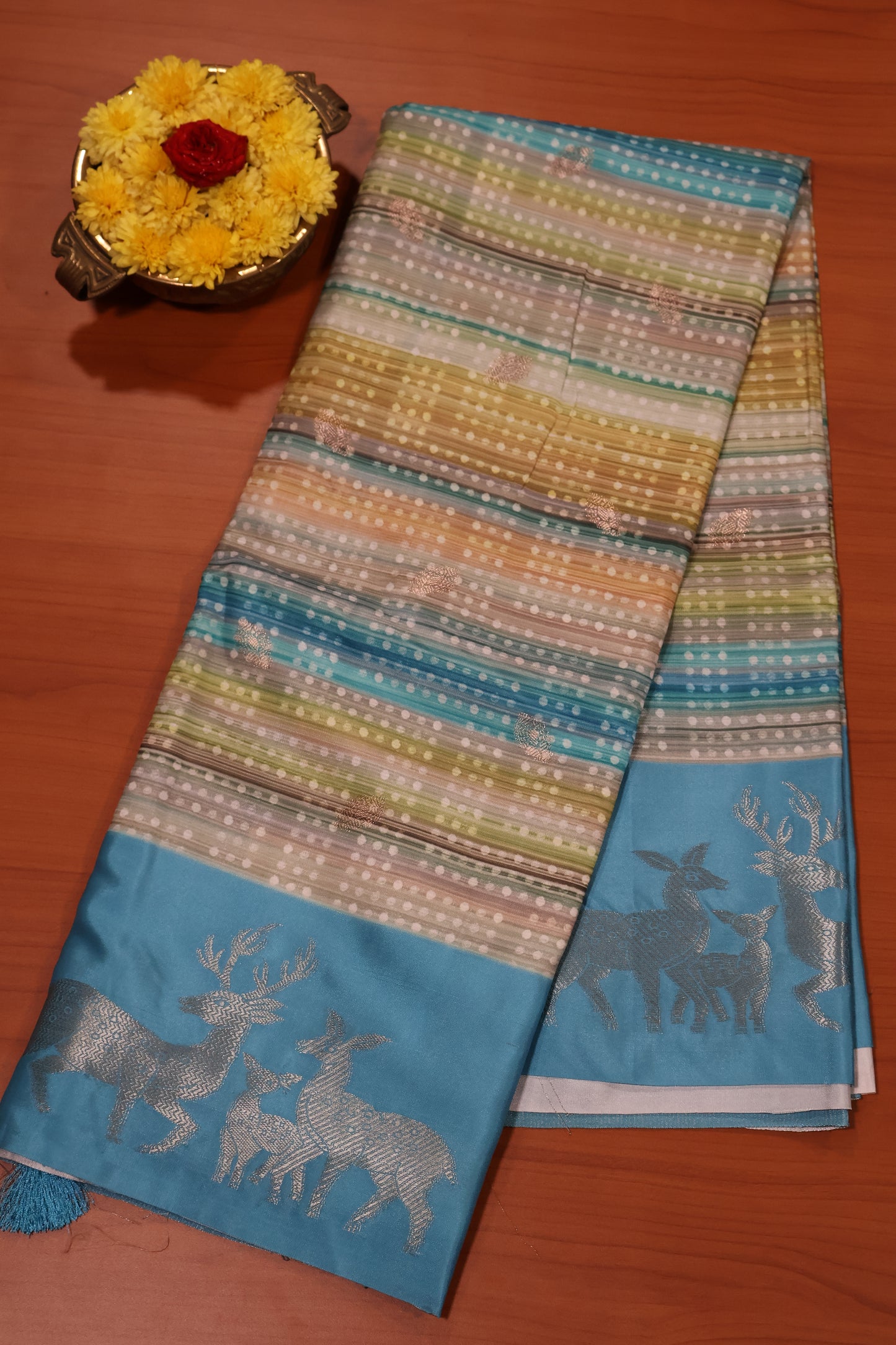 Mulberry Tussar Saree-Sky Blue Deer