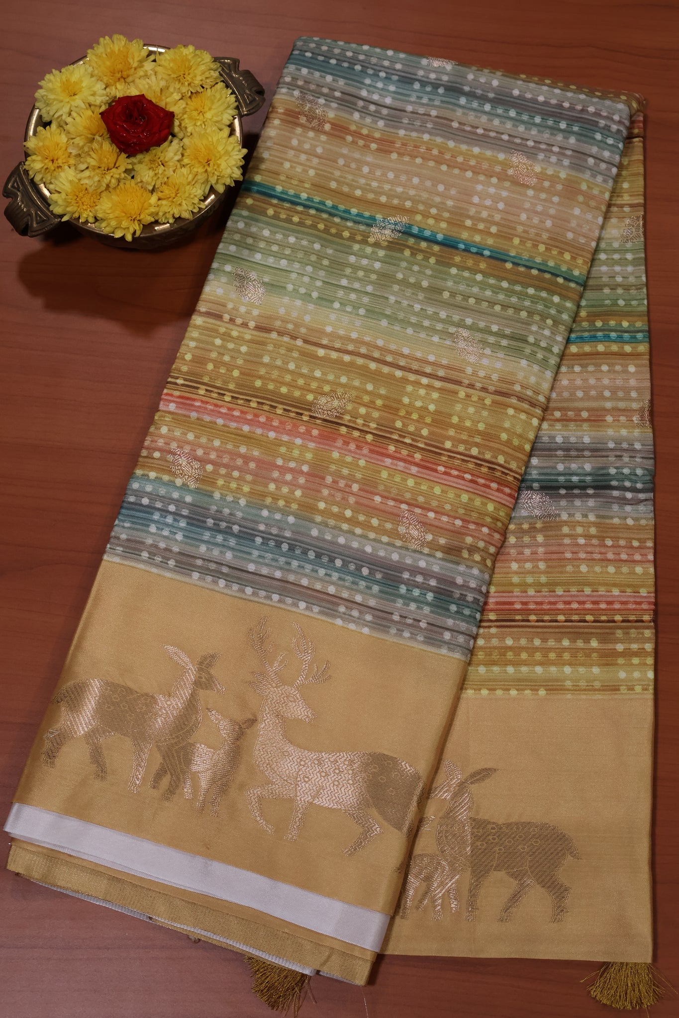 Mulberry Tussar Saree-Mustard Deer
