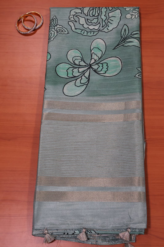 Tussar Saree-Green Floral Tin Border