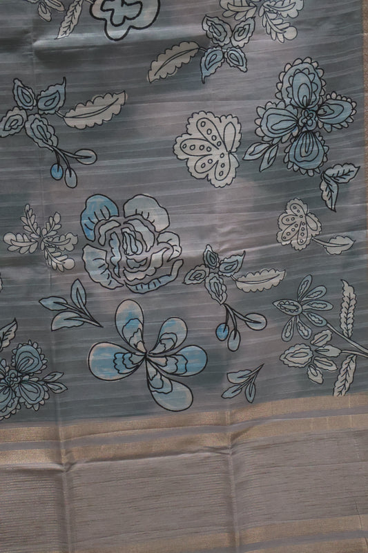 Tussar Saree-Green Floral Tin Border