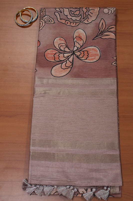 Tussar Saree-Brown Floral Tin Border