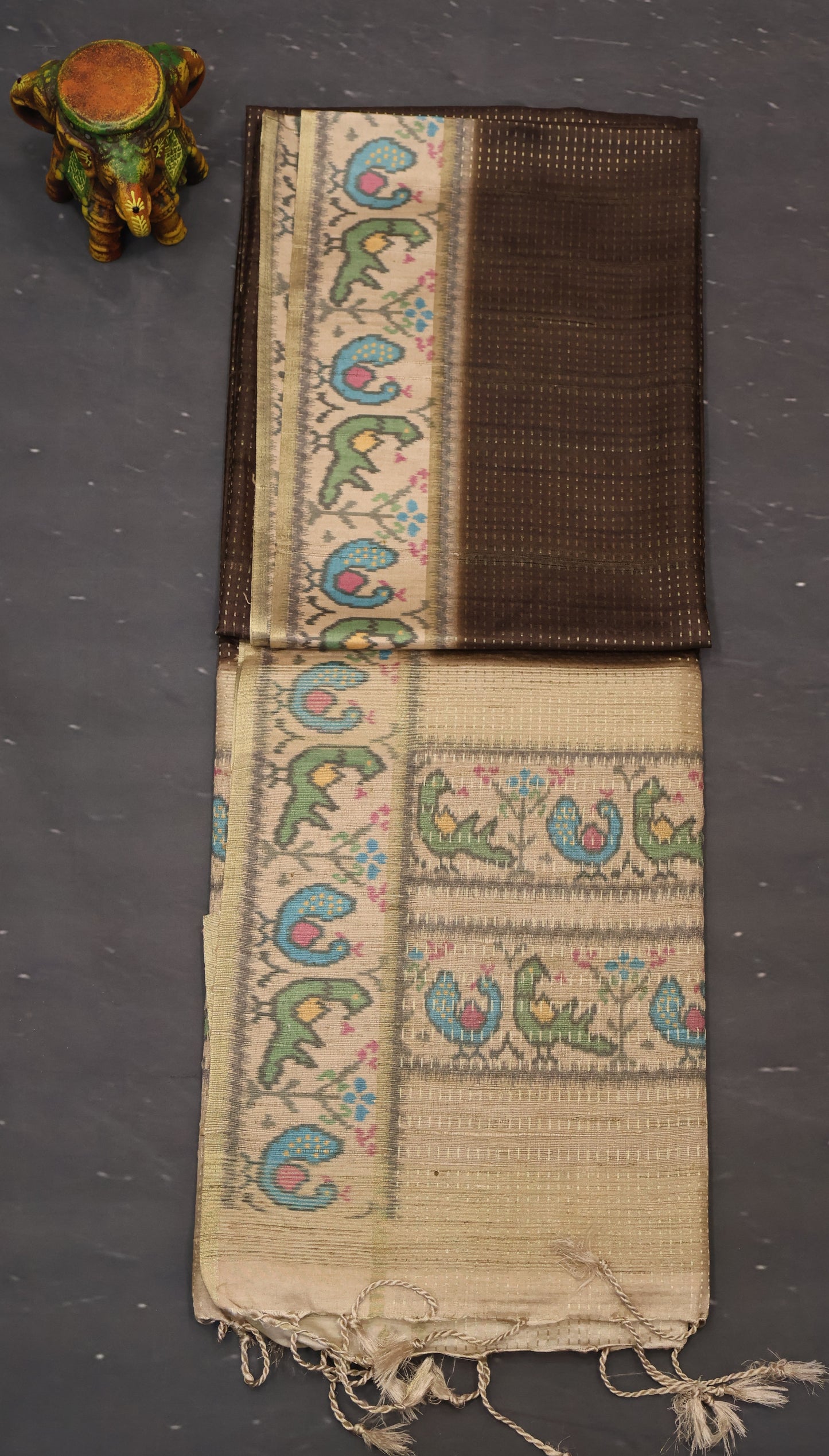 Semi Raw Silk Saree -Mehandhi Green Zari Dot Lines