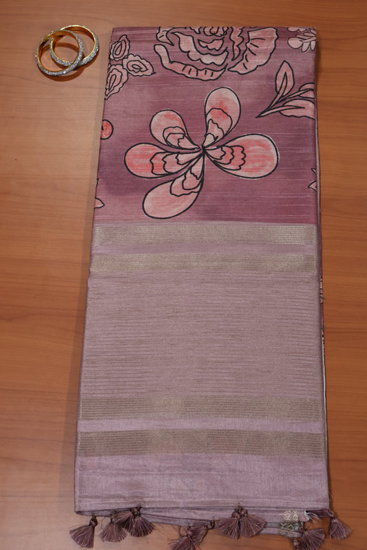 Tussar Saree-Onion Pink Floral Tin Border
