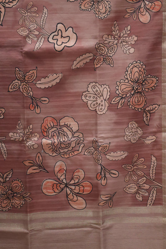 Tussar Saree-Onion Pink Floral Tin Border
