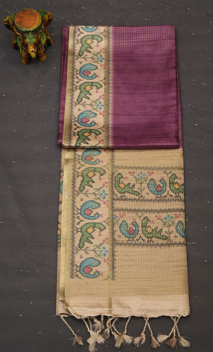 Semi Raw Silk Saree -Purple Zari Dot Lines