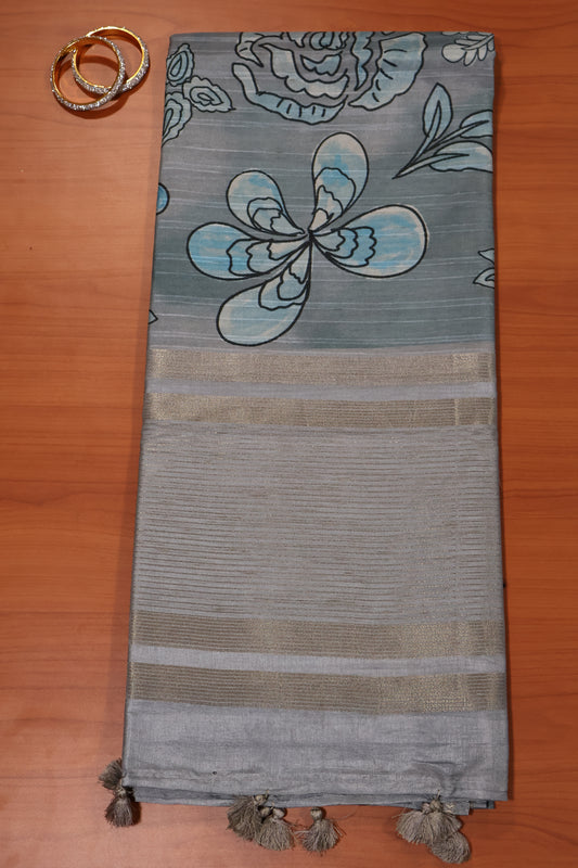 Tussar Saree-Greyish Blue Floral Tin Border