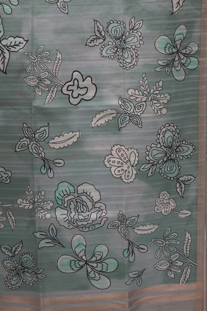 Tussar Saree-Greyish Blue Floral Tin Border